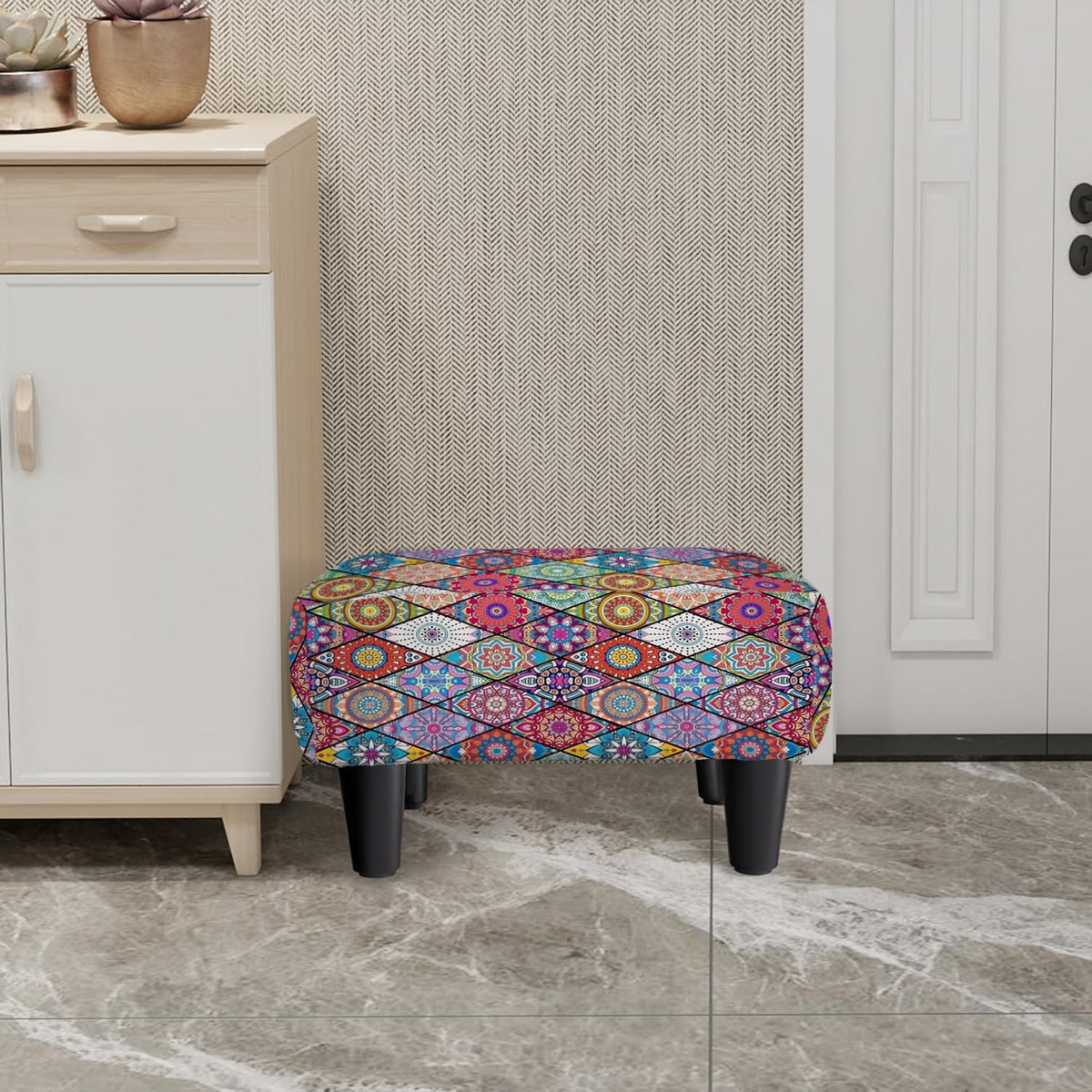 Colorful Small Foot Stool Ottoman, Boho Linen Mandala Footrest for Couch