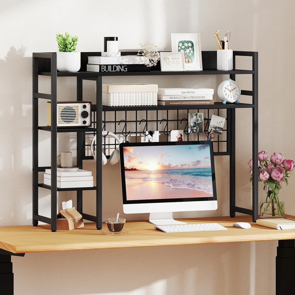 COSTWAY Desktop Bookshelf for Monitors up to 32", Countertop Organizer