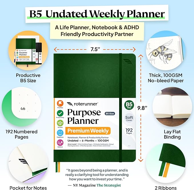 Roterunner Purpose Planner Notebook B5 7.5”x9.8” Undated 2026 Daily Weekly and - Image 2