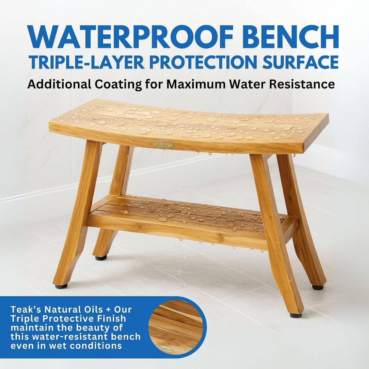 EcoDecors Satori 34-Inch Natural Teak Shower Bench, Waterproof