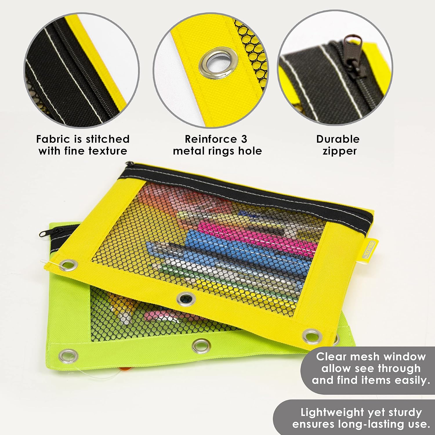 BAZIC PRODUCTS Bright Color 3-Ring Pencil Pouch with Mesh Window, 2-Pack | clear mesh window and a zipper closure for pens; pencils; supplies