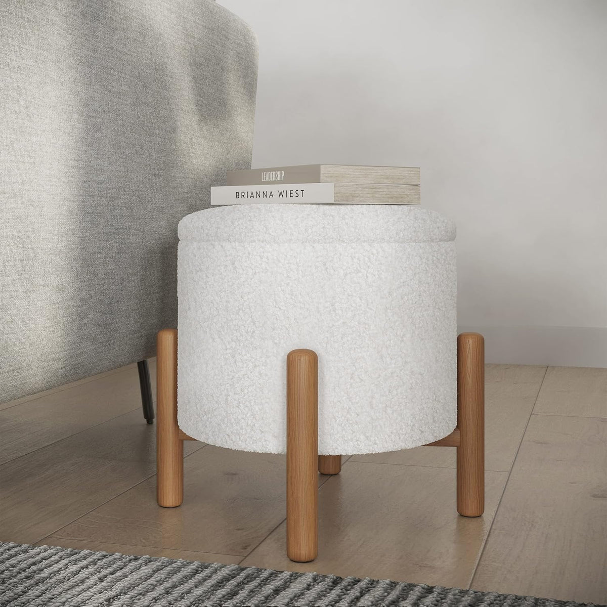 Round Sherpa Storage Ottoman Pouf with Removable Lid – Plush Couch Footrest &...