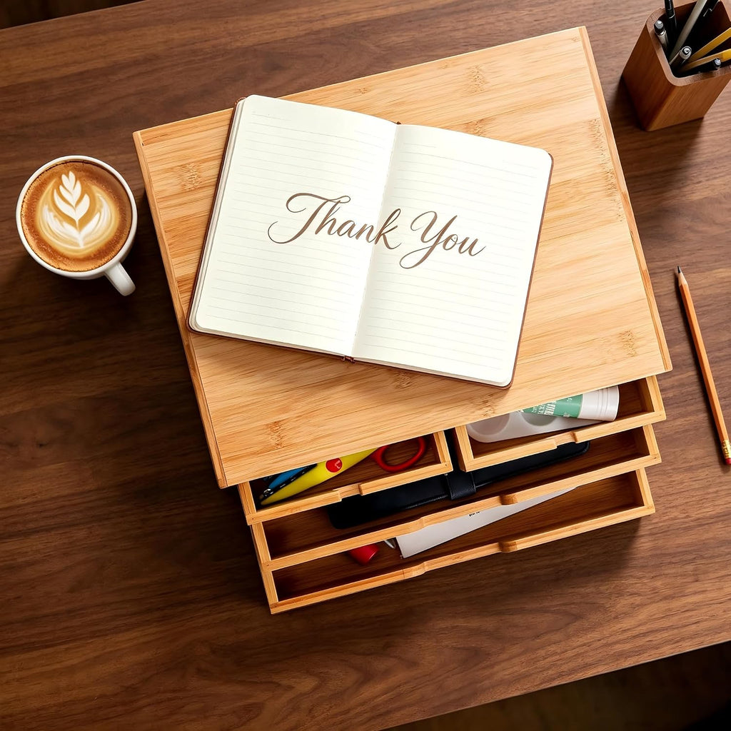 deayou bamboo desk organizer, 100% natural bamboo desktop shown in use