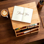 deayou bamboo desk organizer, 100% natural bamboo desktop shown in use