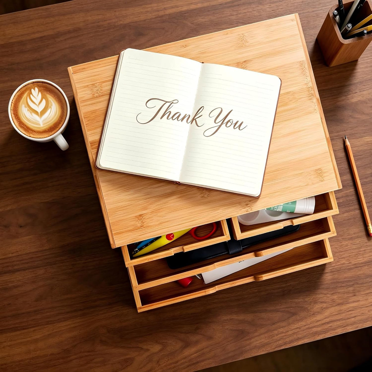 deayou bamboo desk organizer, 100% natural bamboo desktop shown in use
