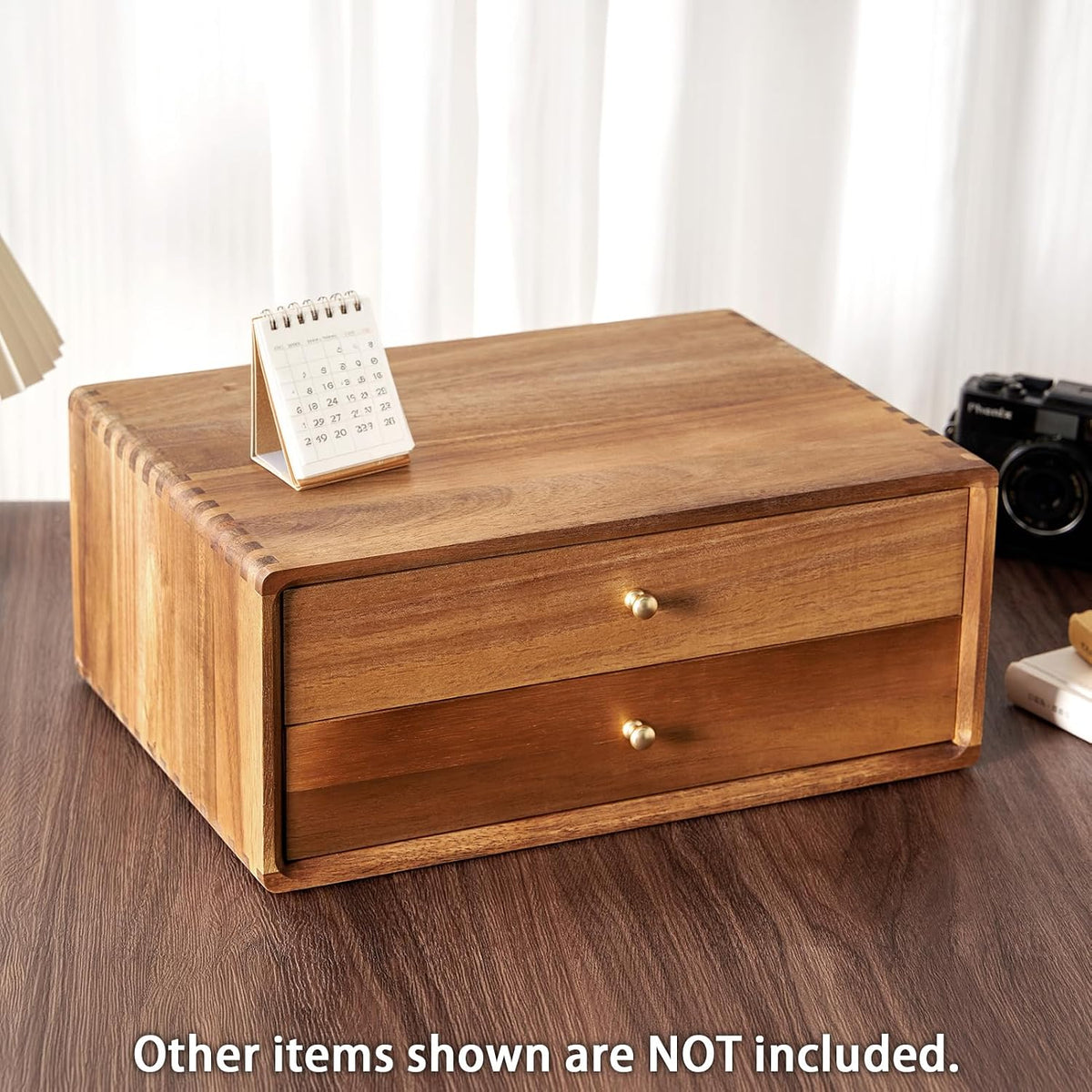 Acacia Wood Desk Organizer with 2 Drawers, Fully Assembled Dovetail Joint Des...