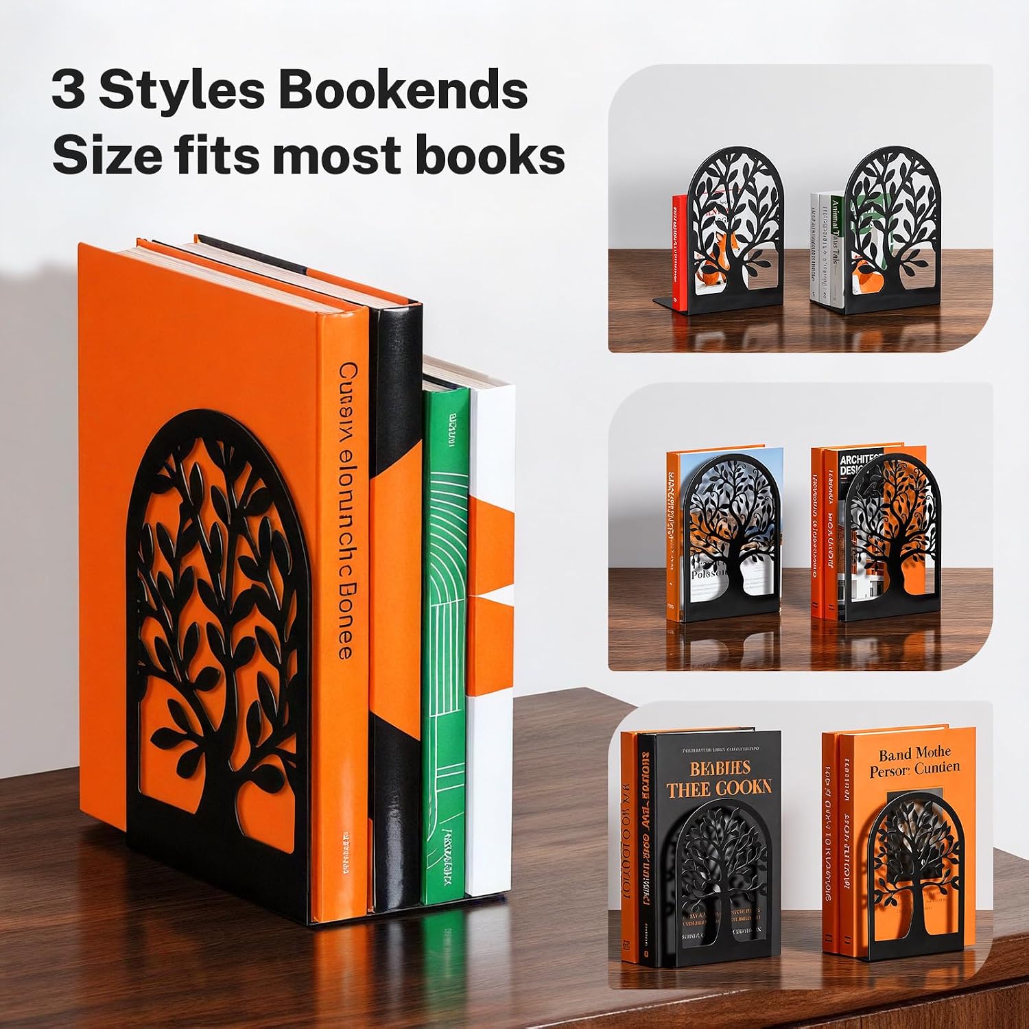 HappyHapi 7 Pair Book Ends, Metal Bookends for Shelves, Decorative Bookends | Decorative Book Holder for Shelf, Tree Stopper for Heavy Books, Black Book Ends for Home Office, 6.5 X 4.7 X 3.5 Inch