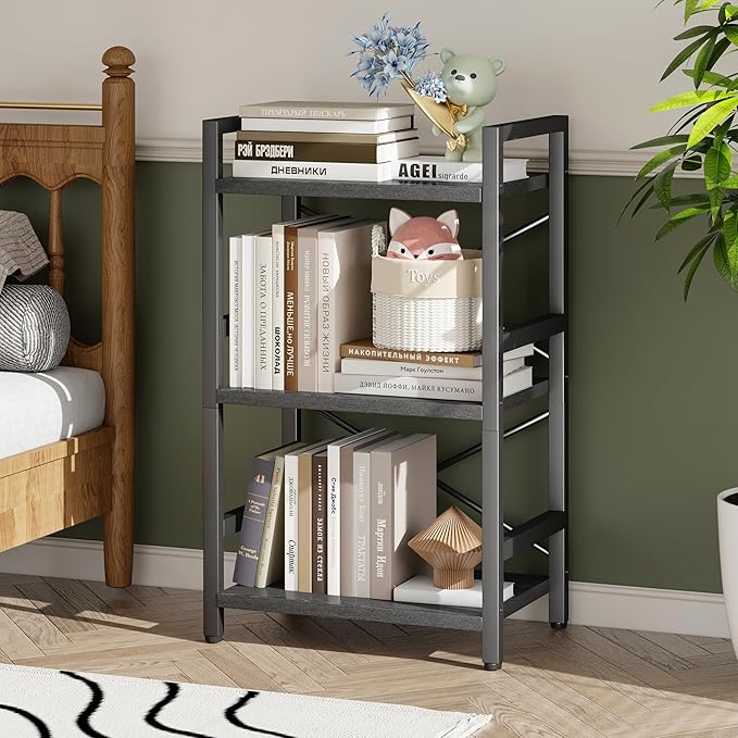 Homeiju Bookshelf, 3 Tier Industrial Bookcase, Metal Small Bookcase, Rustic - Image 5