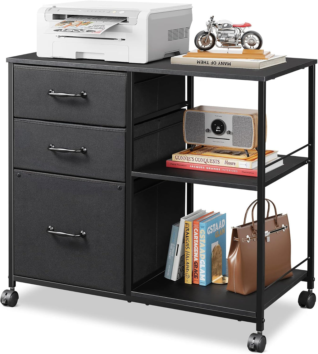 DEVAISE 3 Drawer Mobile File Cabinet with Open Storage Shelf | Rolling Printer Stand, Fabric Lateral Filing Cabinet fits A4 or Letter Size for Home Office, Black