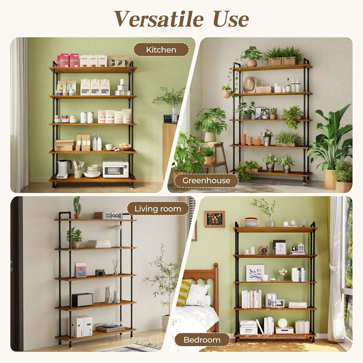 Industrial Bookshelf, Pipe Shelf Bookcase, 5 Tier, 48" Rustic Brown