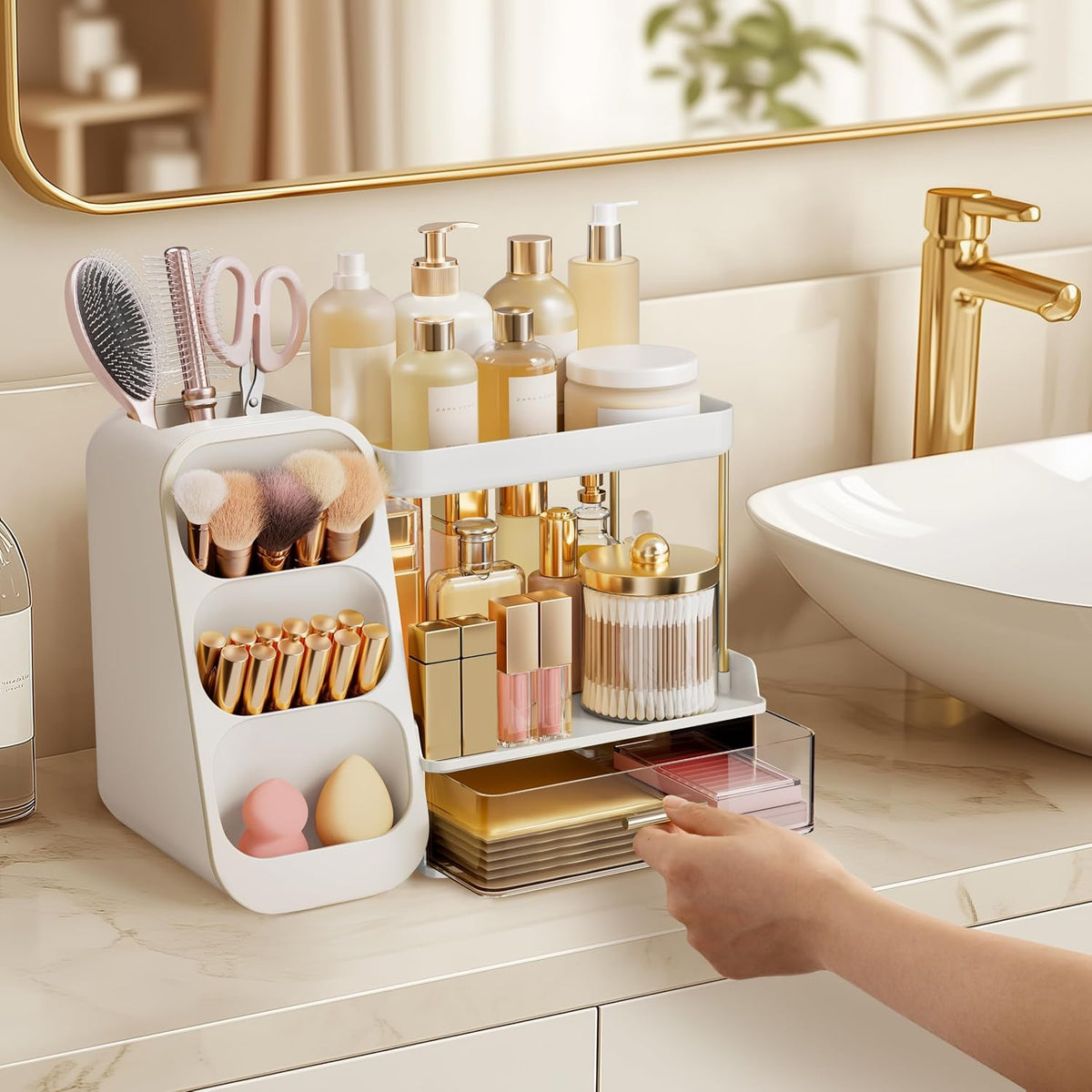 HBlife Bathroom Organizers and Storage with Brush Holder for Vanity, 3 Tier P...