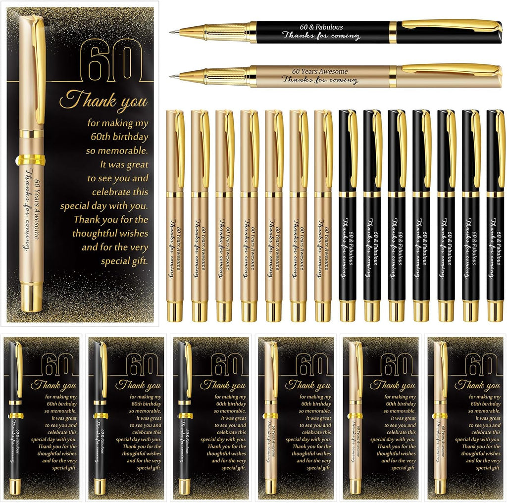 Feifeiya 100 Set 60th Birthday Favors with Black Gold Pens Cards | Birthday Souvenirs for Guests, Black and Gold Pens with Paper Thank You Cards for Men, Women and Wedding Anniversary Party
