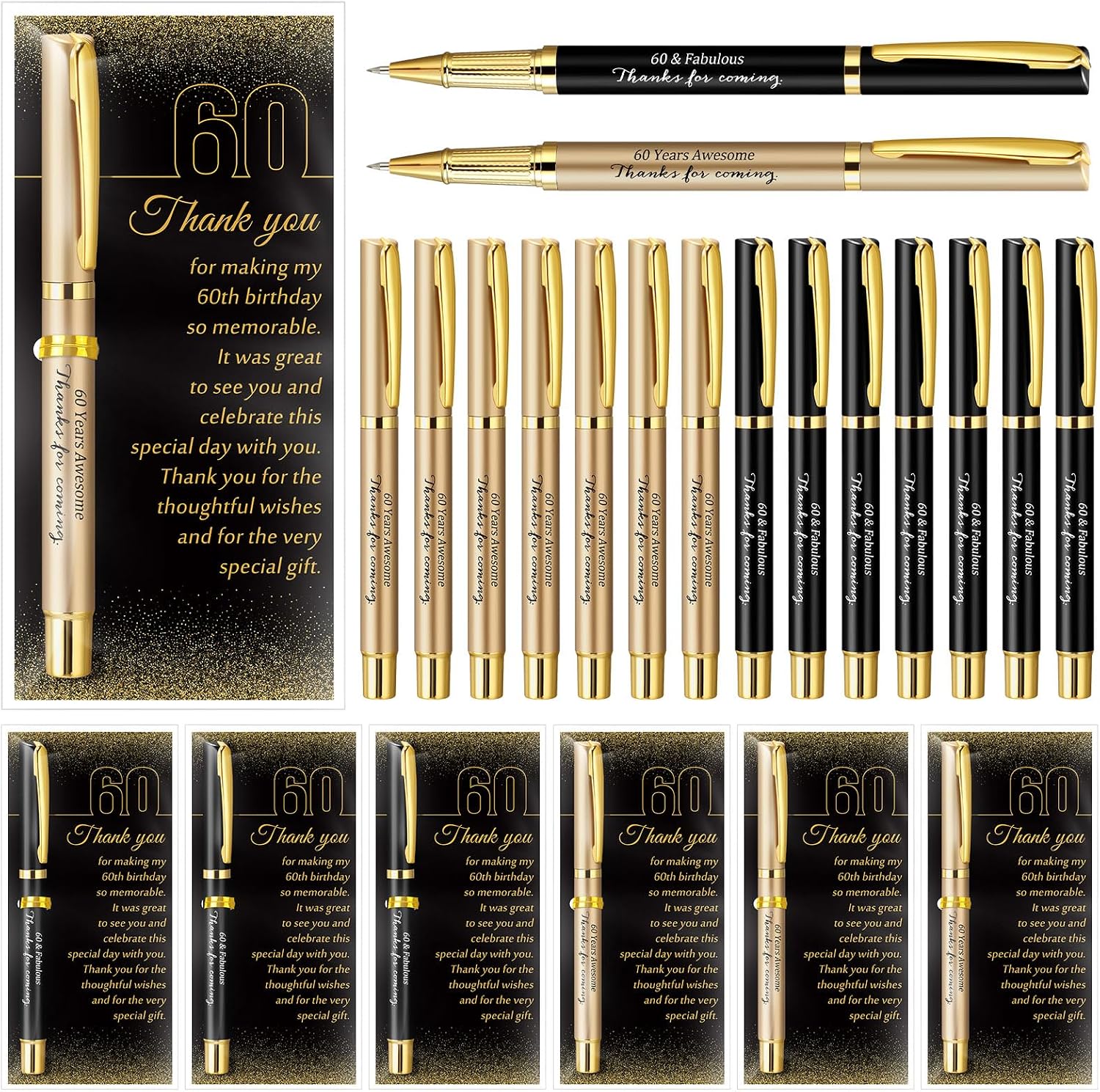 Feifeiya 100 Set 60th Birthday Favors with Black Gold Pens Cards | Birthday Souvenirs for Guests, Black and Gold Pens with Paper Thank You Cards for Men, Women and Wedding Anniversary Party