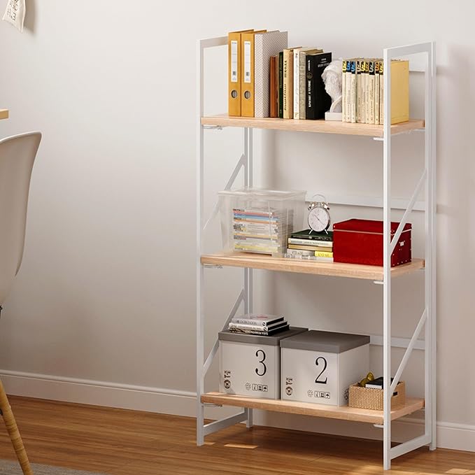 JSB No Assembly Folding Bookshelf, 3 Tier Industrial Metal Book Shelf - Image 2