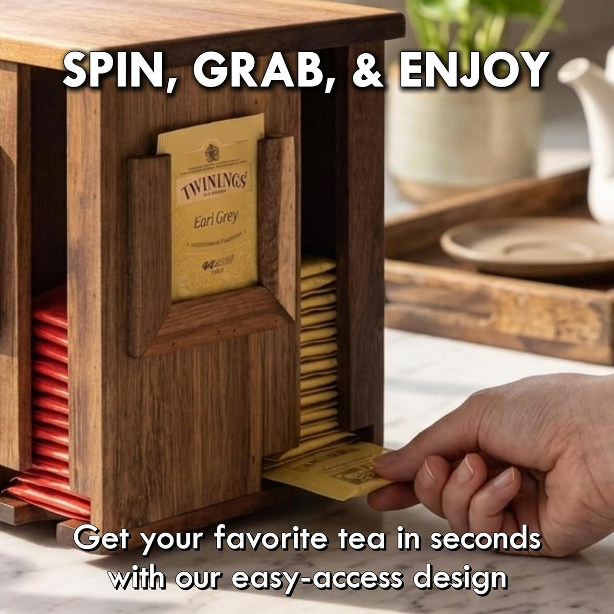 Rotating Tea Bag Organizer for Countertop - 4-Sided Acacia Wood Tea Storage C...