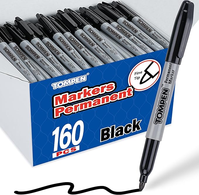 TOMPEN Black Permanent Markers Fine Tip 160 Pack Bulk, Waterproof Permanent by TOMPEN