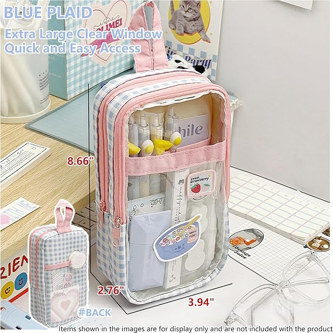 UINSUE Cute Pen case Adorable Bunny Transparent 3-Layer Large Capacity Pencil - Image 3