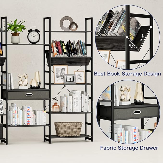 NUMENN Triple Wide 5 Tier Bookshelf, Adjustable Rustic Industrial Style Book - Image 6