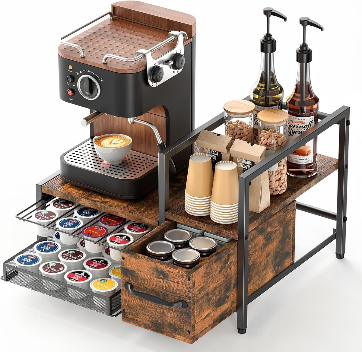 Coffee Bar Organizer For Countertop, with Sliding Storage Drawer