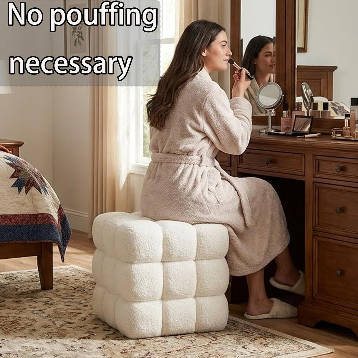 White Sherpa Square Ottoman - 17.3" Large Boucle Cube Pouf with Sturdy W...