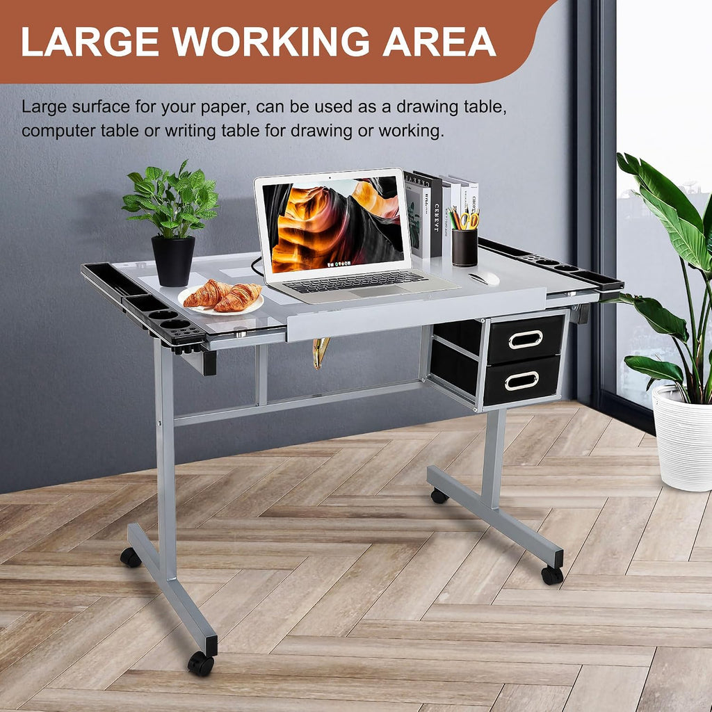 JupiterForce Adjustable Drafting Table Art Desk Drawing Table Versatile Art Craft Work Station Glass Tabletop w/2 Slide Drawers and Wheels for Reading, Writing, Painting Home Office
