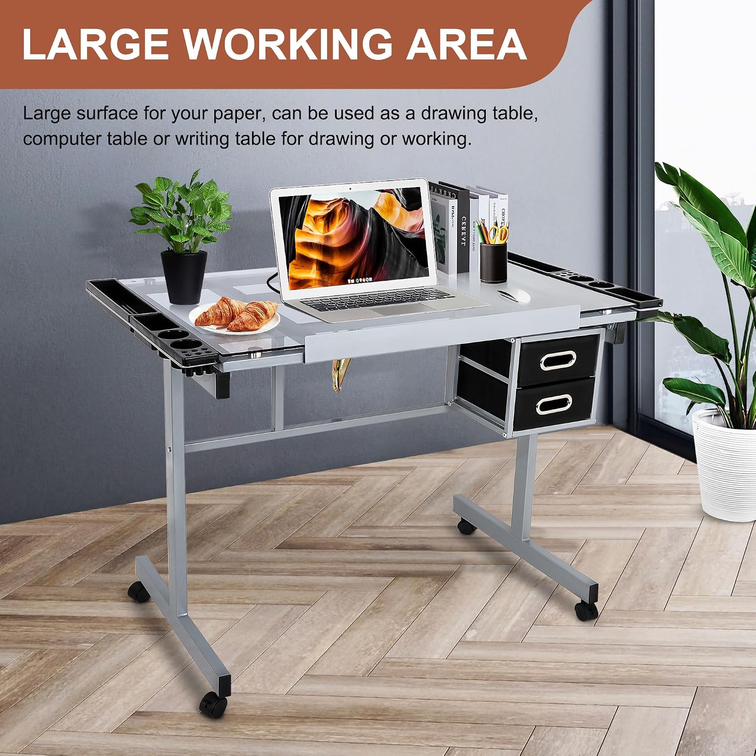 JupiterForce Adjustable Drafting Table Art Desk Drawing Table Versatile Art Craft Work Station Glass Tabletop w/2 Slide Drawers and Wheels for Reading, Writing, Painting Home Office