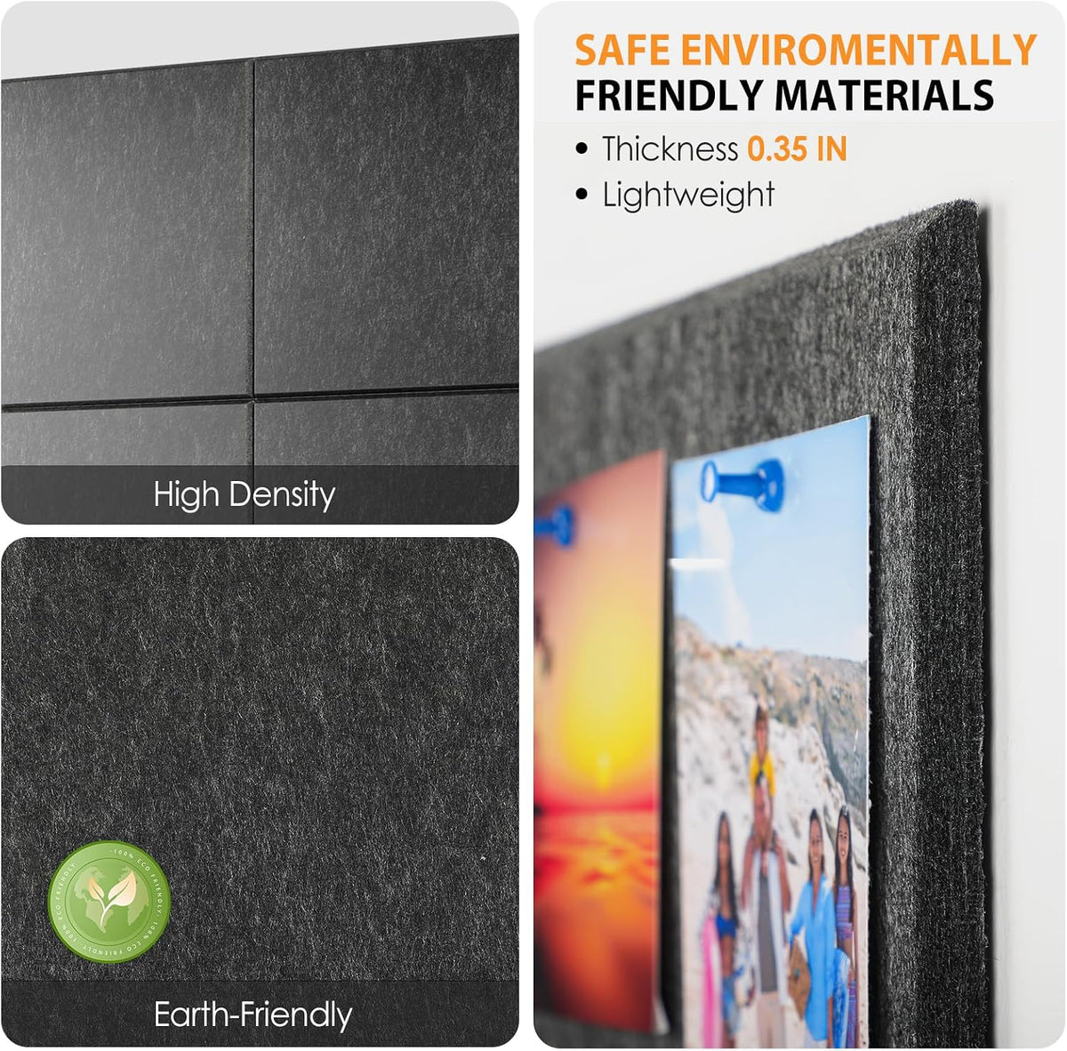 MaxGear Felt Bulletin Board 48" x 36", Dark Gray Felt Wall Tiles Wa...