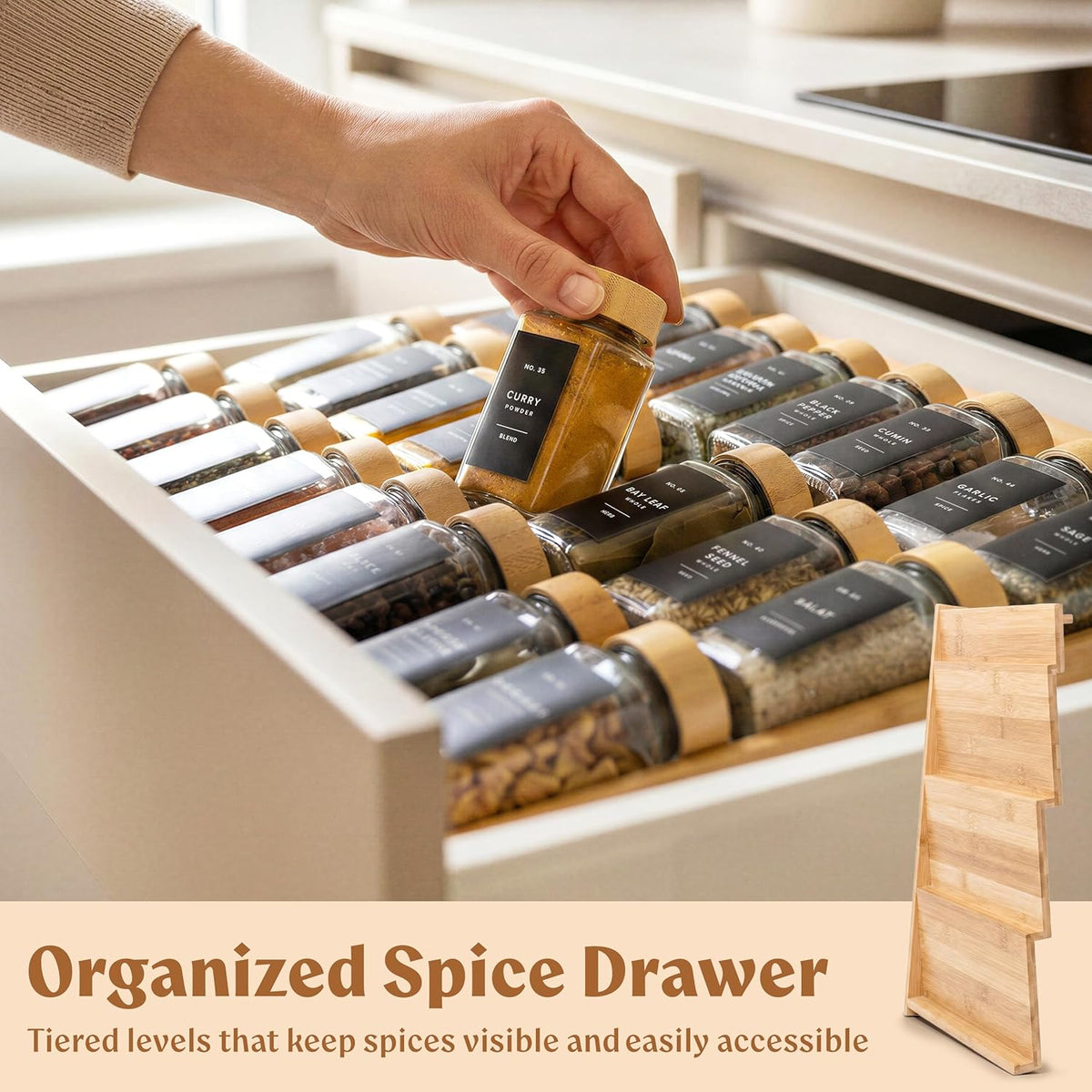 EDELHAUS Bamboo Spice Drawer Organizer, Expandable 4 Tier Spice Rack