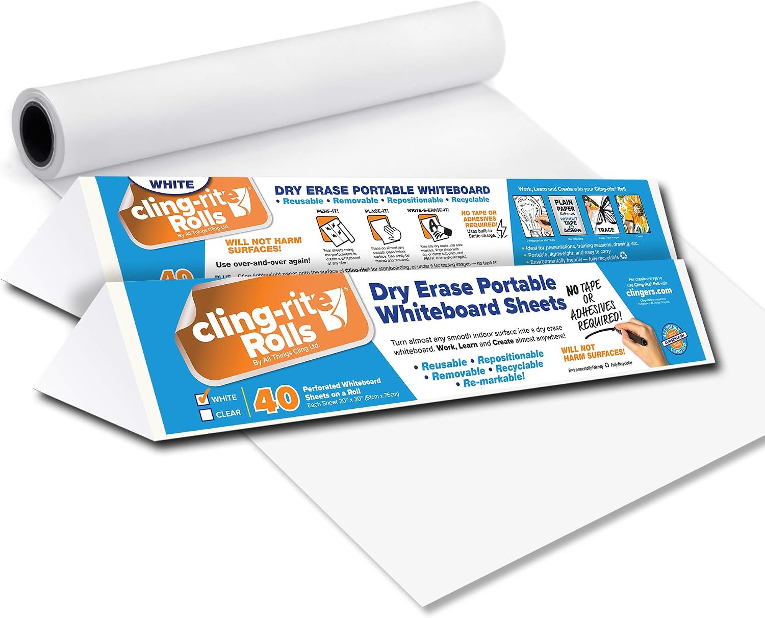 Clingers Instant Whiteboards - Repositional Dry Erase Sheets, 40 Whiteboards per Roll, 20x30 Inch, Removable & Recyclable Cling-rite Rolls for School, Office Decor, and Art Projects - American Made