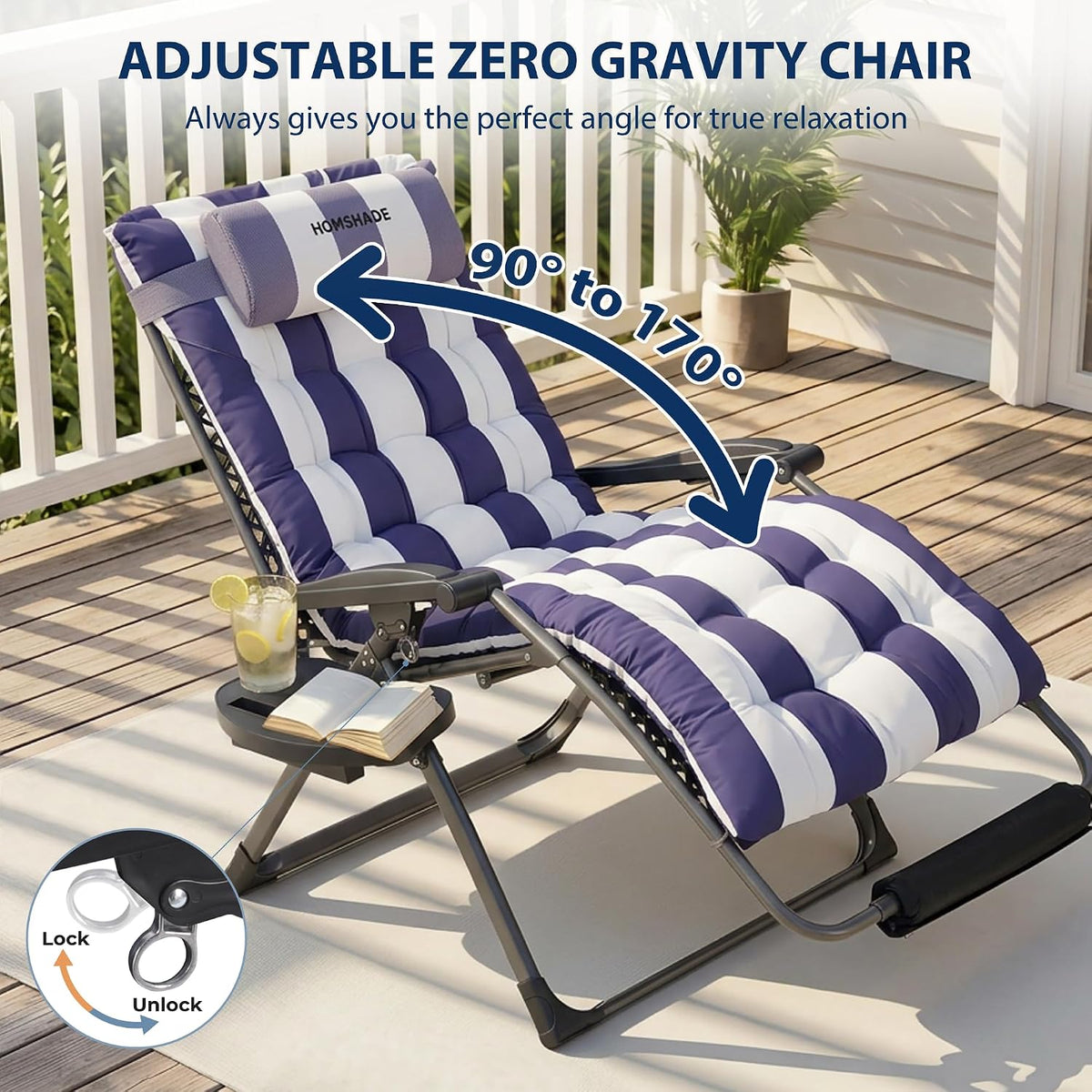 HOMSHADE 33 Inch XXL Oversized Zero Gravity Chair,Support 500LBS,Blue&White