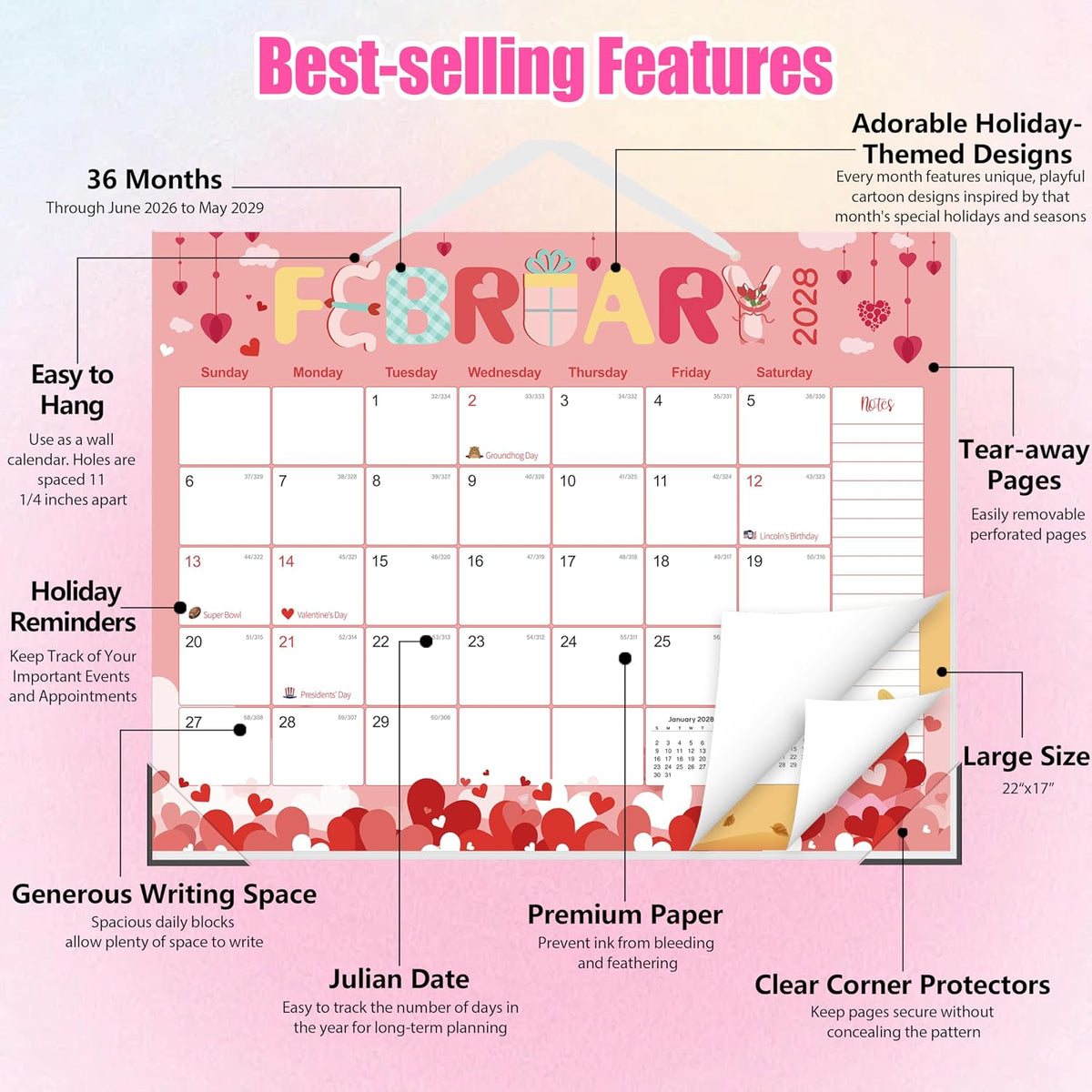 GuassLee Desk Calendar 2026-2029,36 Months 22" x 17" Large Calendar...