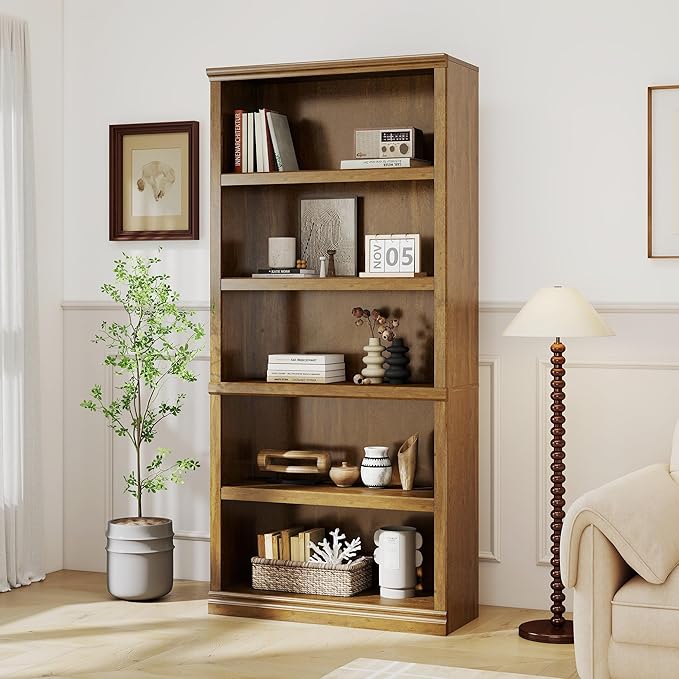 blini 5-Shelf Tall Bookcase Wooden Bookshelves 33in Wide Floor Standing Display by blini