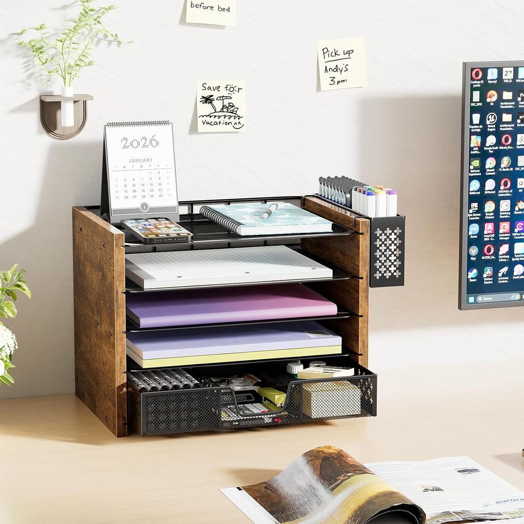 simple trending wood desk organizer, 5-tier file organizer on a desk or shelf