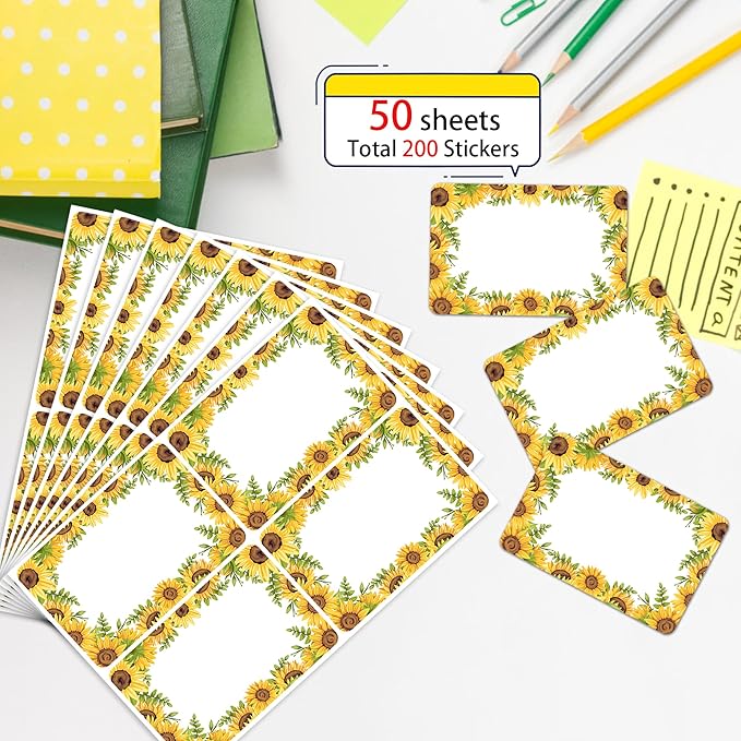 Wonmon 200 PCS Sunflower Name Tags Stickers, Self Adhesive Sunflowers Style - Image 3