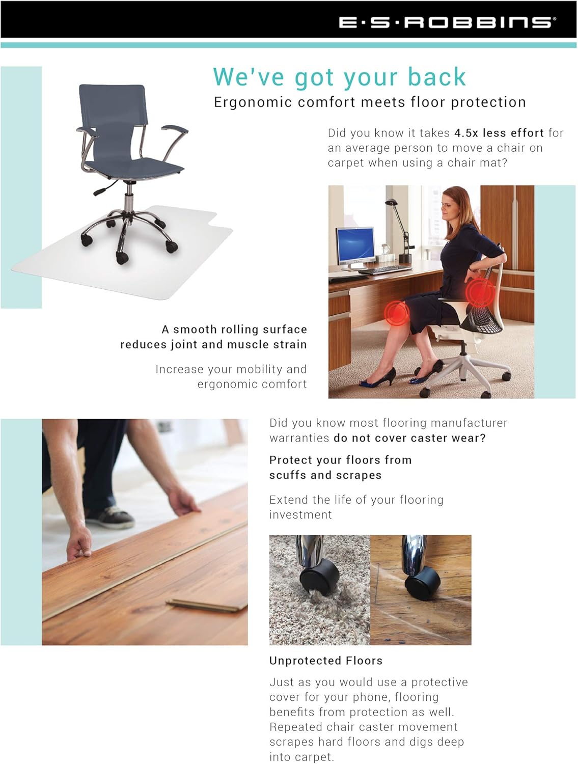 ES Robbins Everlife Hard Floor Chair Mat, 66"x60", Clear