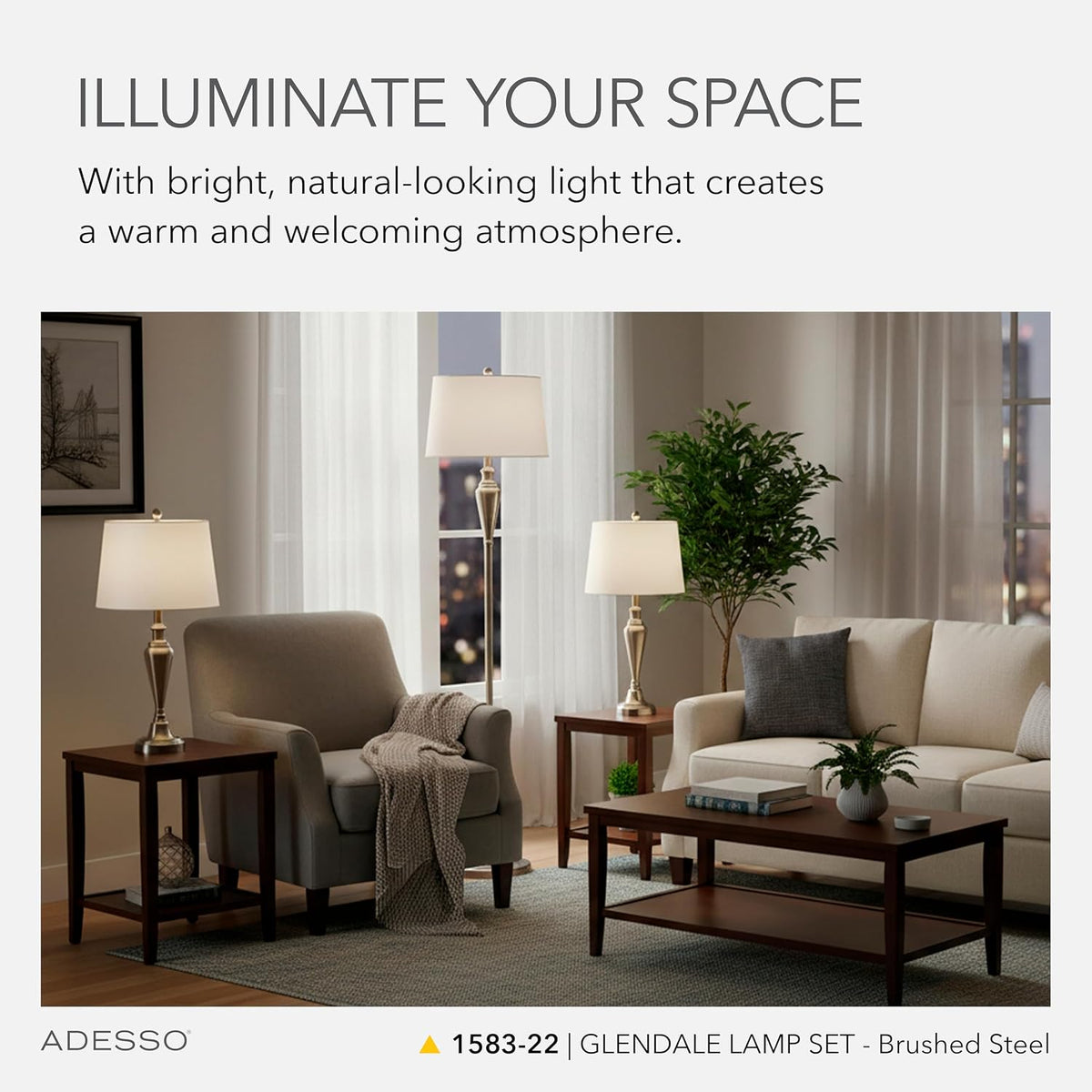 Adesso 3-Piece Lamp Set, Antique Brass & White, Table and Floor