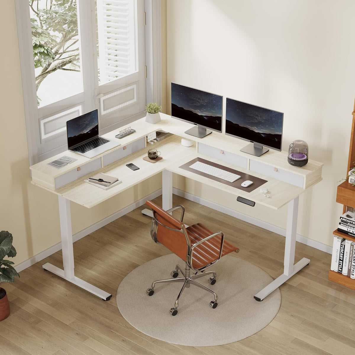 FLEXISPOT Reversible L-Shaped Corner Standing Desk with Monitor Shelf