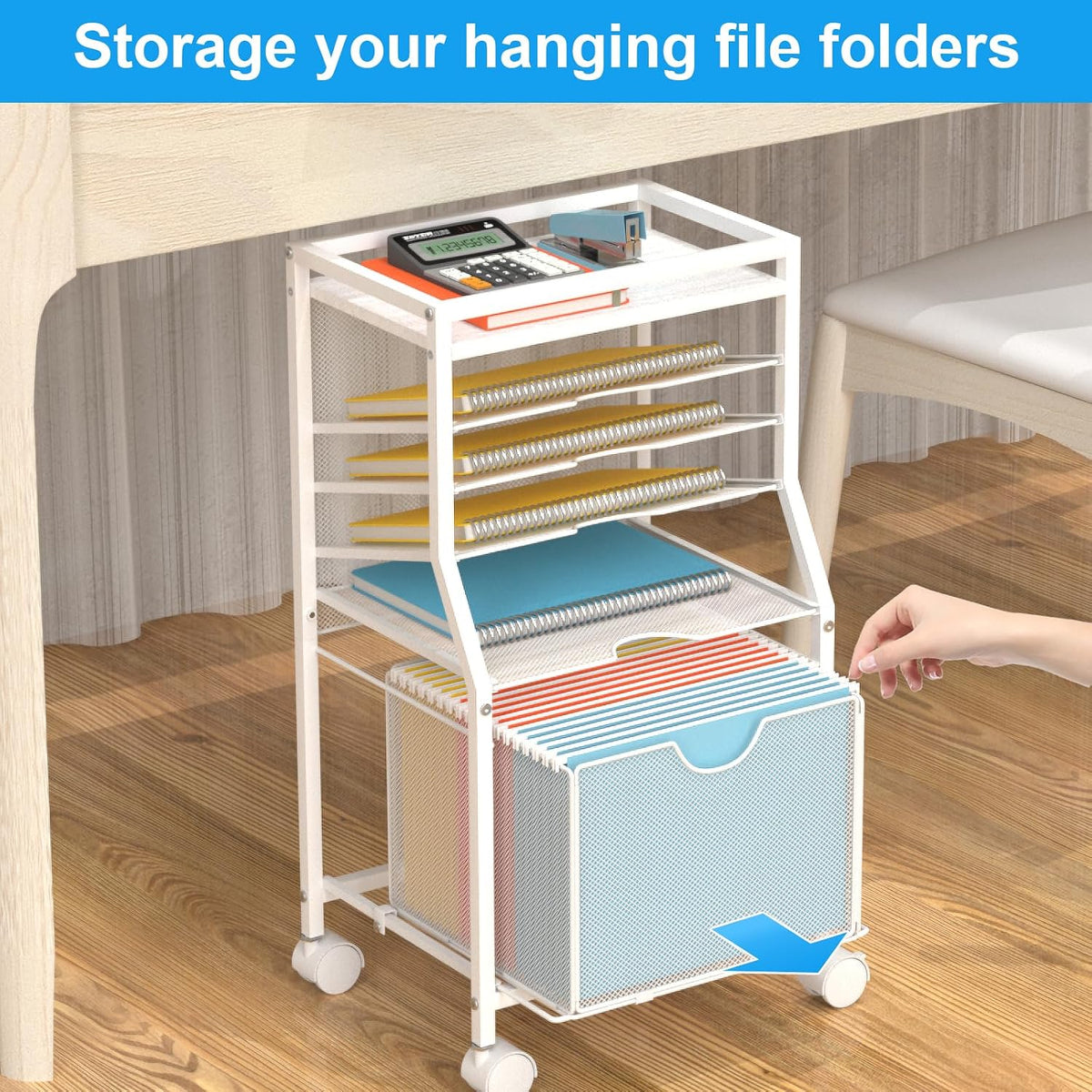 BOHDK Rolling File Cart, 6-Tier Desk File Organizer on Lockable Wheels, White...