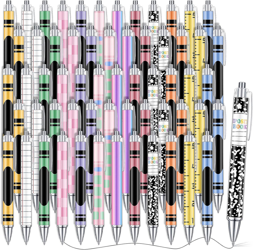 Cholemy 48 Pcs Composition Notebook Pens Bulk Pack, 12 Styles Retractable Ballpoint Pens, Cute School Themed Pen for Teachers Students Classroom Prizes Back to School Gifts Office Supplies
