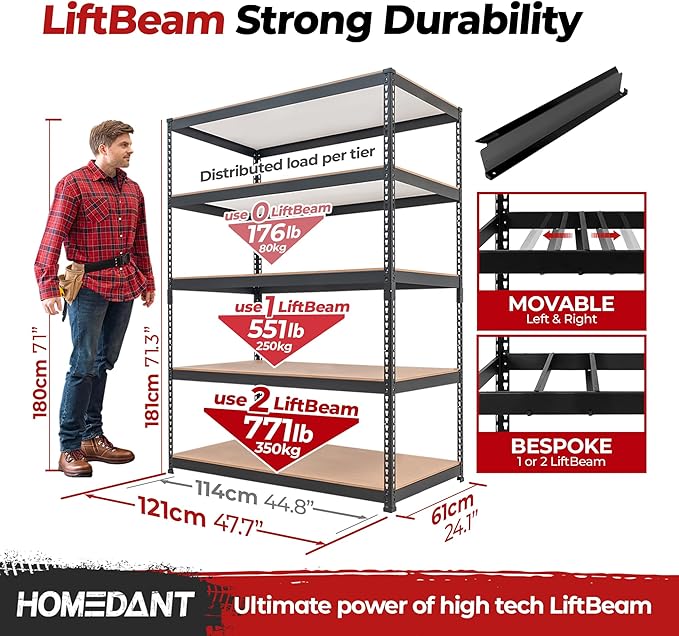 HOMEDANT 5 Tier Storage Shelves Adjustable Laminated Boltless Garage Metal - Image 2