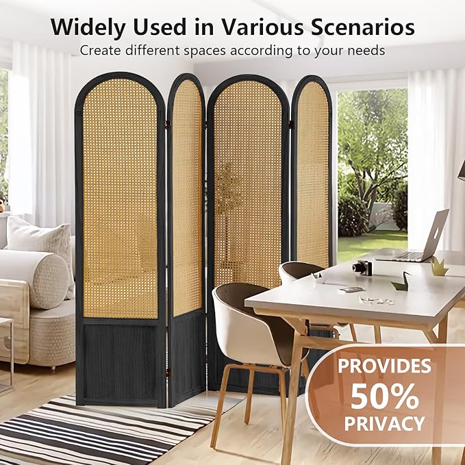 Asnefeli Room Divider 4 Panels, Folding Privacy Screen, Foldable Wood Rattan - Image 2