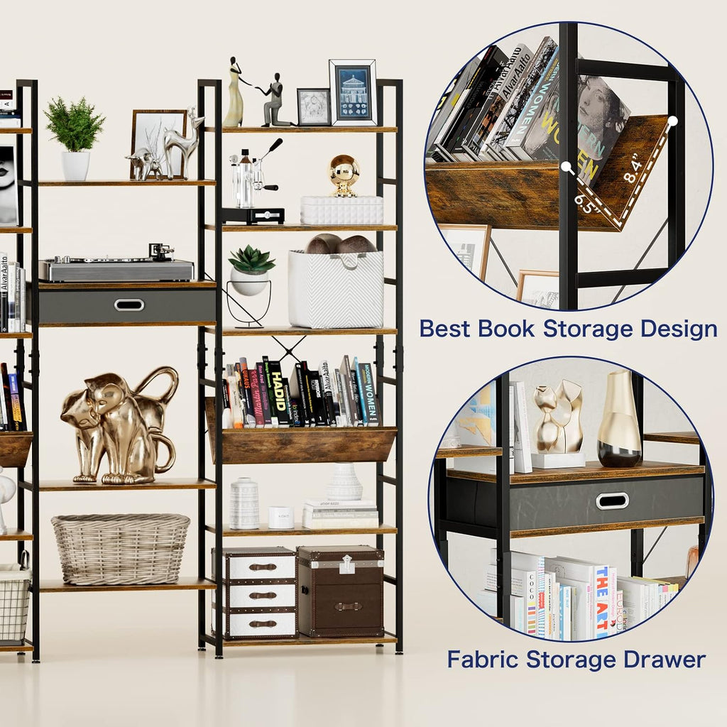 numenn triple wide 6 tier bookshelf, adjustable rustic, package contents