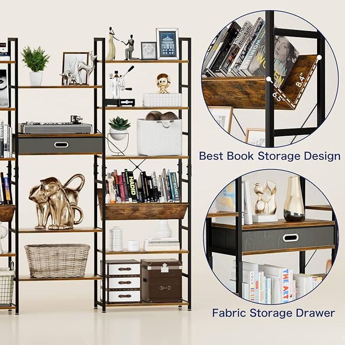 NUMENN Triple Wide 6 Tier Bookshelf, Adjustable Rustic Industrial Style Book - Image 6