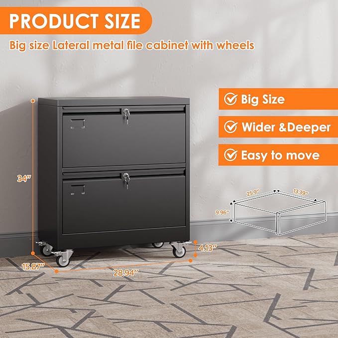 METAN Upgrade 2 Drawers Lateral File Cabinet on Wheels, Steel Office Filing - Image 2