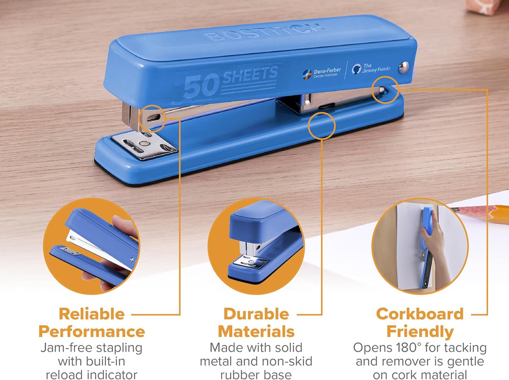 Bostitch Titan Heavy Duty Metal Stapler, 50 Sheet Capacity with 1250 Staples and Ergonomic Staple Remover, Jam Free Stapling, Full Strip Stapler for Desk, Office and Classroom, Blue