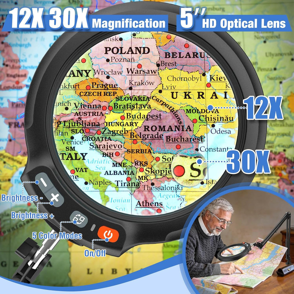 12x large magnifying glass with light and clamp shown in use