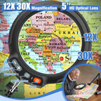 12x large magnifying glass with light and clamp shown in use