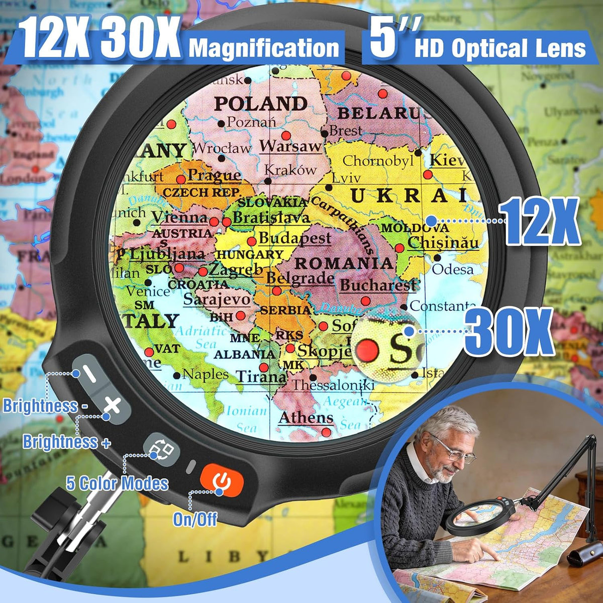 12x large magnifying glass with light and clamp shown in use