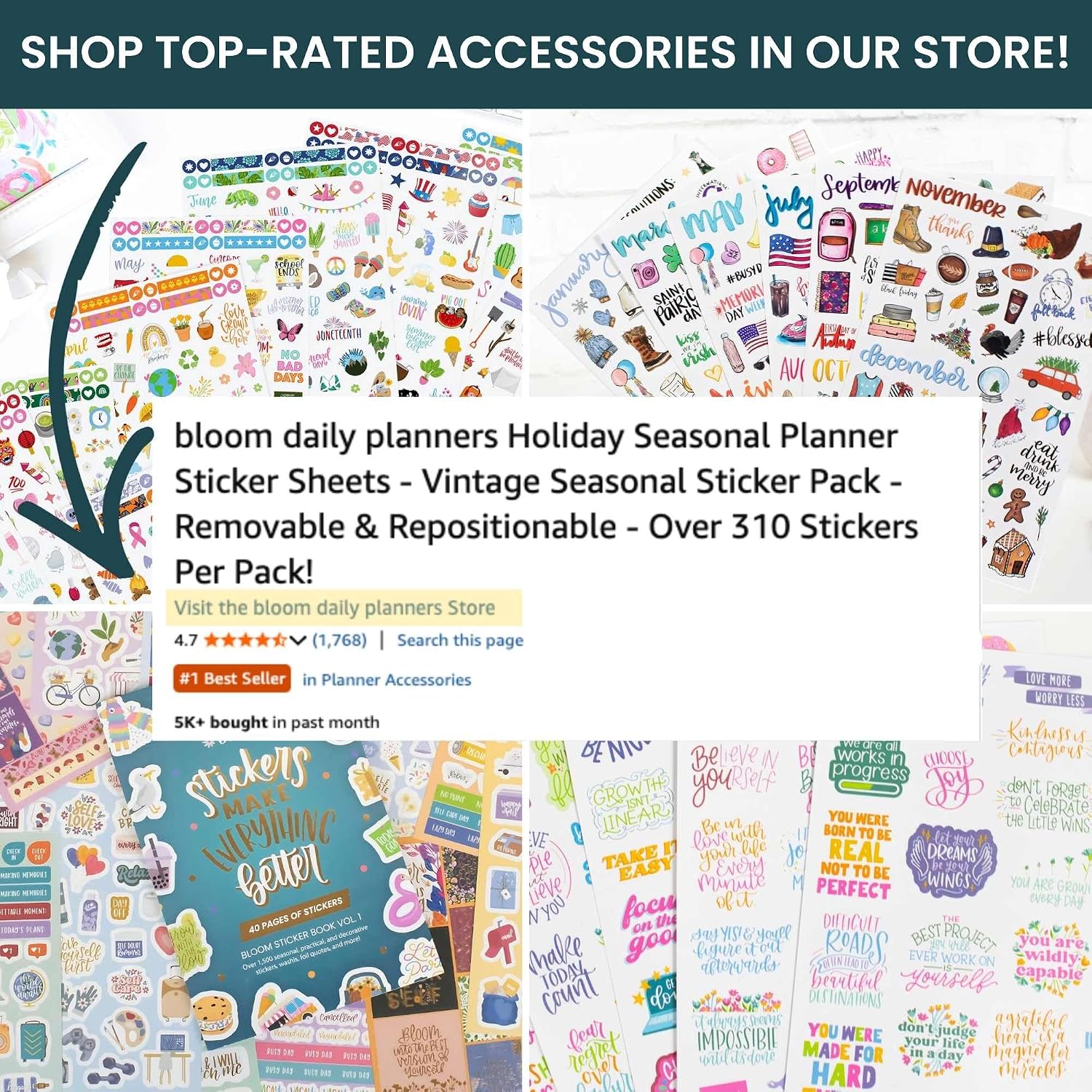 bloom daily planners Metallic Calendar Essentials Planner Stickers - 8 Sheets, 1629 Stickers Per Pack! - Aesthetic Monthly Headings, Dates, Icons, Etc. - Gold Foil