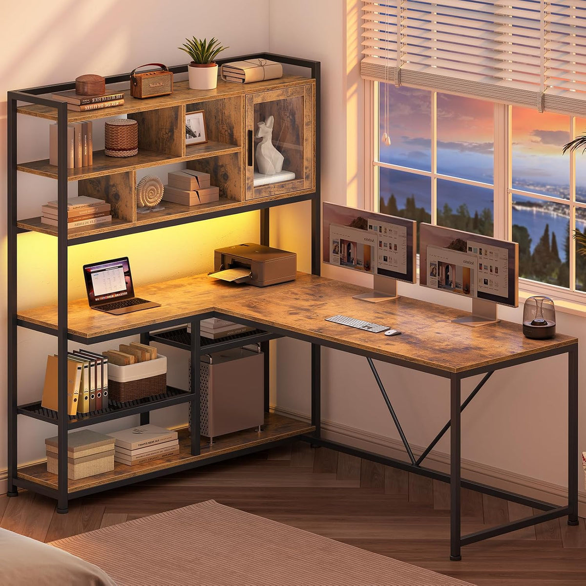 SEDETA L Shaped Computer Desk with Storage Shelves, Bookshelf, Rustic Brown